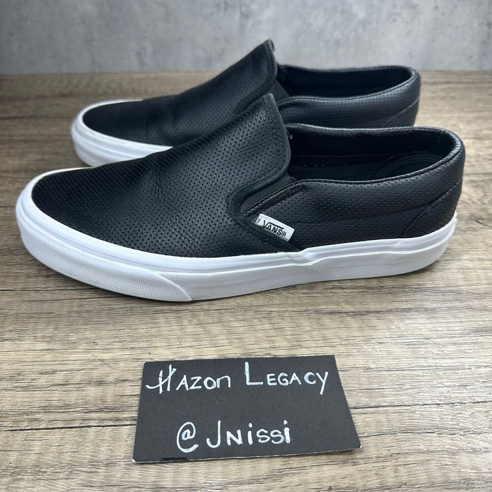 Vans~Women's~Asher Black Leather Perforated Slip On‎ Sneakers~Size 8.5